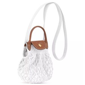 Longchamp White Mesh Mini Crossbody with Brown Leather Trim